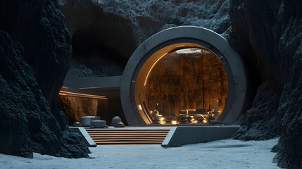 Futuristic building entrance nestled within a rocky environment with a large circular window.