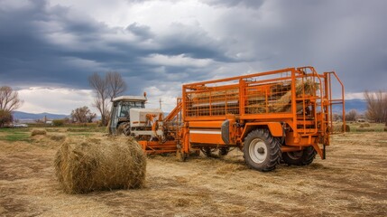 Fototapeta premium A tractor and trailer collecting hay bales in a field with a cloudy sky in the background.