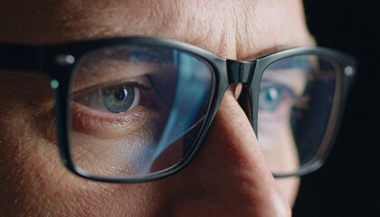 Intense Digital Focus: Man's Eyes Reflecting Blue Screen in Darkness