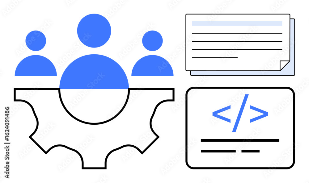 Poster team members on a gear symbolizing collaboration, documents for planning, and coding interface for d
