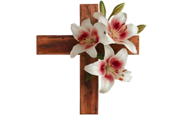 Wooden cross with red lilies isolated on a transparent background