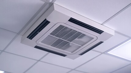 A ceiling-mounted air conditioning unit in a modern office, featuring a sleek design and grid pattern for efficient airflow.