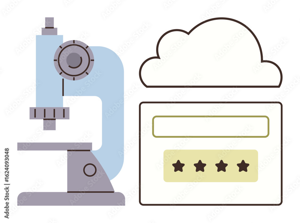 Poster microscope alongside a cloud and a rating interface with stars signifies science, research, data ana