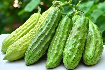 A cluster of bumpy, striped cucumbers