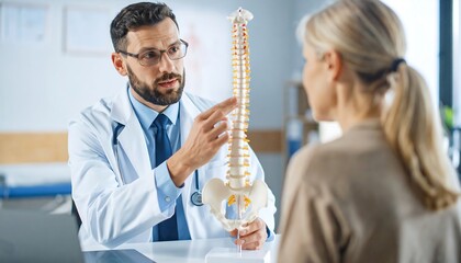 Doctor explains spine anatomy to patient using model