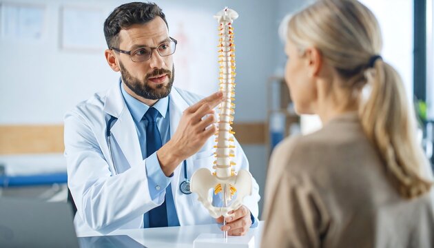 Doctor explains spine anatomy to patient using model