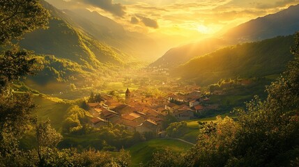 Golden sunset over valley village