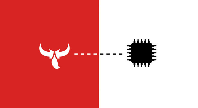 A sword and a microchip are connected by a dotted line, symbolizing the fusion of tradition (represented by the sword) with modern technology (represented by the microchip), indicating the merging 