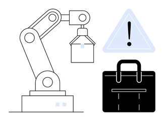 Industrial robotic arm handling tasks, accompanied by a caution sign and briefcase icon. Ideal for automation, safety protocols, manufacturing, business operations, risk management, modern industry