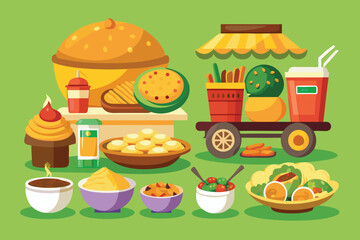 Vibrant cartoon food stall with assorted snacks and drinks