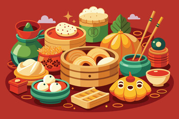 Colorful assortment of delicious chinese dim sum and dumplings