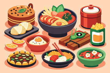 Delicious assortment of korean food dishes and desserts