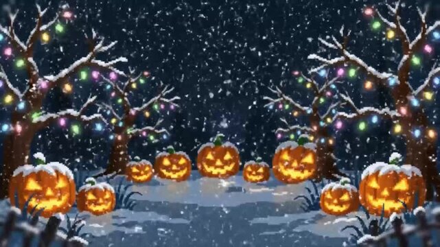 Looping pixel animation of haunted garden with snow drifting and lantern-lit jack-o&rsquo;-lantern trees