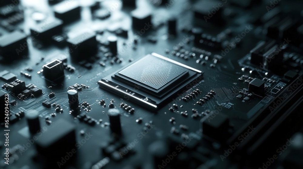 Poster a close-up image of a computer motherboard featuring intricate circuits and a prominent microchip at