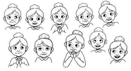 Set of black and white cartoon illustrations featuring an elderly woman with various facial expressions and poses, including hands clasped.