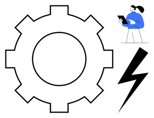 Large gear alongside lightning bolt and figure with tablet suggests power, technology, analysis, and innovation. Ideal for business, tech, mechanics, energy, workflow and simple landing page