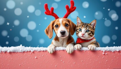 beagle puppy with reindeer antlers and a calico cat with a red ribbon collar leaning over a frosty b
