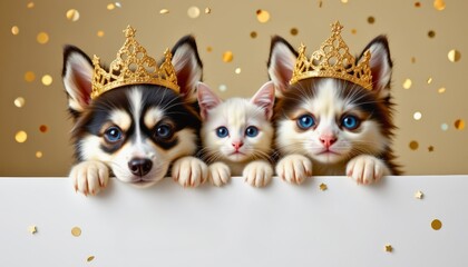 two husky puppies and a snow white cat with new year tiaras peeking over a clean white banner