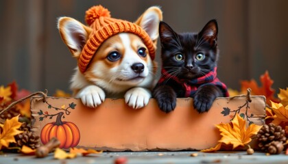 corgi and black kitten dressed in traditional autumn attireâ€”one with a knit cap