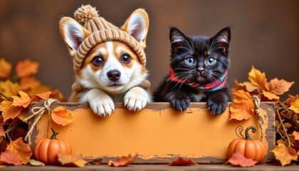 corgi and black kitten dressed in traditional autumn attireâ€”one with a knit cap