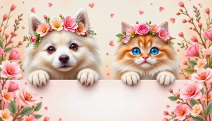 samoyed dog and ragdoll cat wearing flower crowns peeking over a floral themed banner