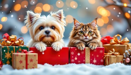 maltese dog and british longhair cat surrounded by gift boxes