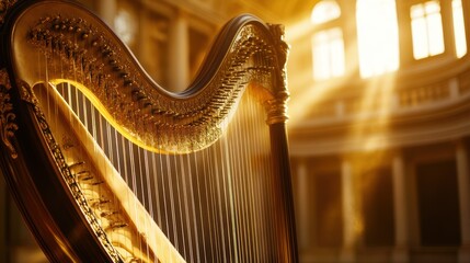 Golden harp in a sunlit classical building interior