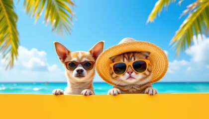 chihuahua in a straw hat and a short haired cat wearing sunglasses peeking over a bright beach banne