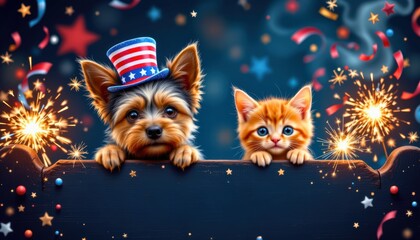 fluffy terrier and orange kitten surrounded by sparklers and peeking over a dark festive banner