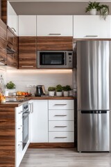 Modern kitchen with wooden and white cabinets, stainless steel appliances, & greenery