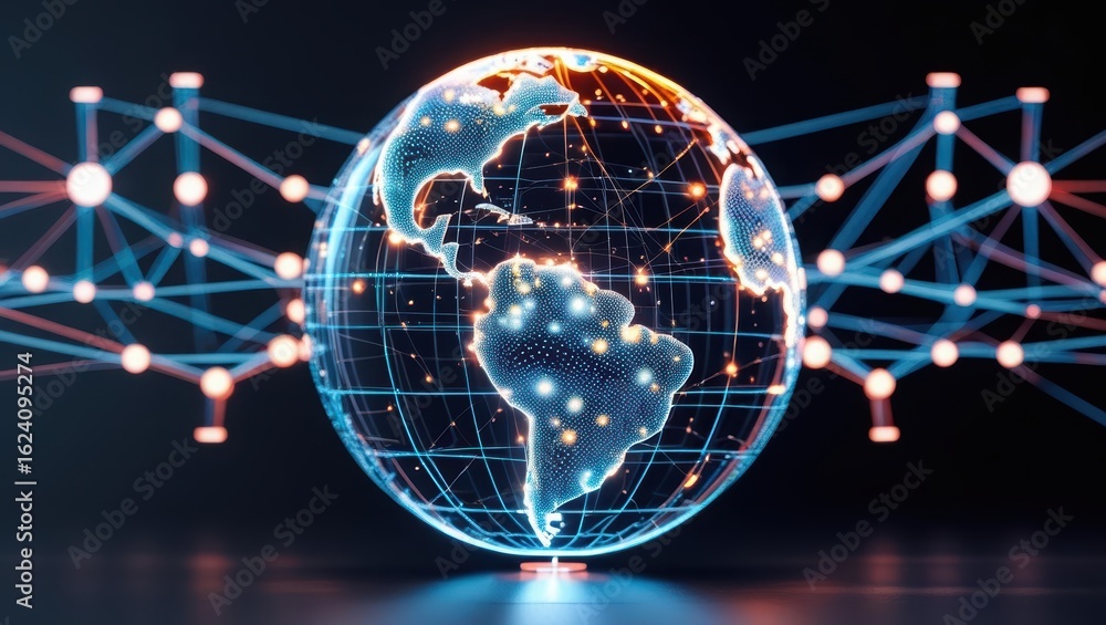 Poster highly detailed digital globe of earth with illuminated continents connected by a futuristic network