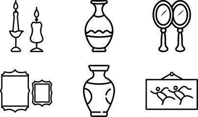 A clean and minimalistic set of six black silhouette icons representing various home decor items, displayed on a white background. This vector style illustration includes a candelabra, decorative vase