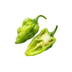 Fresh Green Scotch Bonnet Peppers, One Whole and One Halved, Isolated on Black