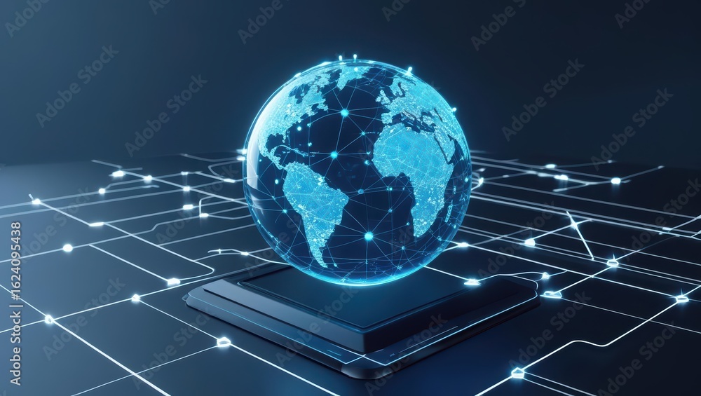 Poster futuristic digital globe with interconnected network lines on a modern tablet device representing gl