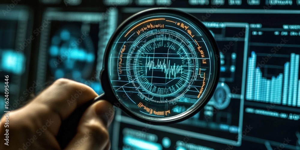 Poster a person examines digital data through a magnifying glass, revealing intricate graphs and waveforms 