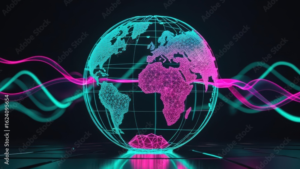 Poster futuristic digital globe with vibrant neon colored lines representing data flow and global connectiv