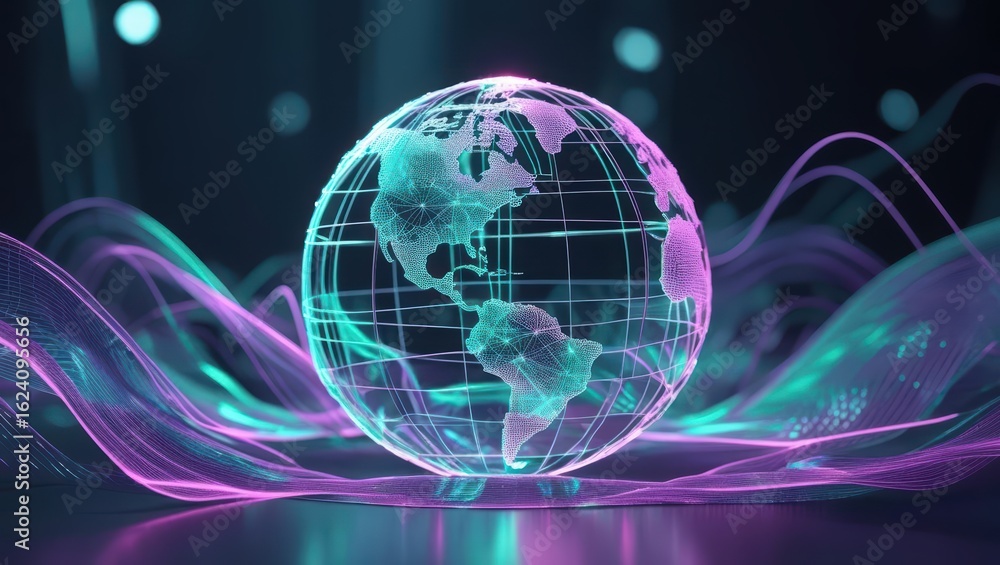 Poster futuristic digital globe with glowing world map in neon colors representing global connectivity and 
