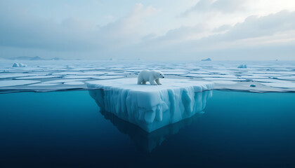 A solitary polar bear stands on a small melting iceberg in the vast arctic ocean under a cloudy sky symbolizing climate change and environmental challenges