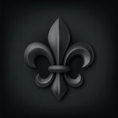 Vector 3d Realistic Fleur de Lis Illustration. Black Fleur de Lis Icon. Realistic Fleur de Lis Symbol for Heraldry, Royal Emblem, Medieval Design. Fleur de Lis Logo, Classic French Ornament
