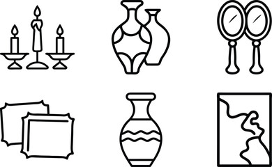 A clean and minimalistic set of six black silhouette icons representing various home decor items, displayed on a white background. This vector style illustration includes a candelabra, decorative vase