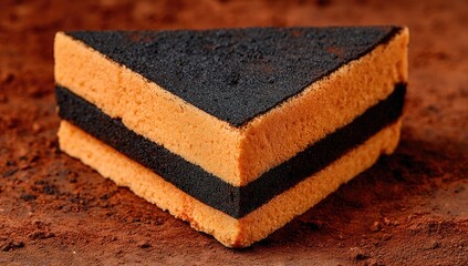 Close-up triangular slice of layered cake