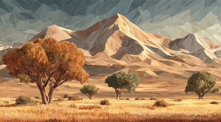 Low-poly landscape of desert mountains and trees under a stormy sky