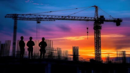Silhouetted construction workers stand against a vibrant sunset, with a crane and building framework highlighting the construction site.