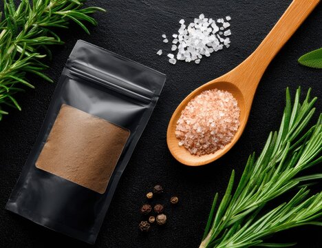 Black pouch of spice, wooden spoon with pink salt, herbs, and peppercorns on dark surface