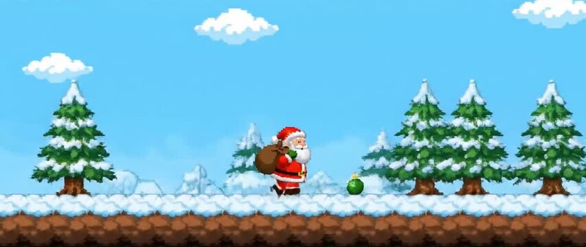 Retro pixel game snapshot of Santa trudging through snowy platform levels delivering presents, pixel snow and chiptune vibes