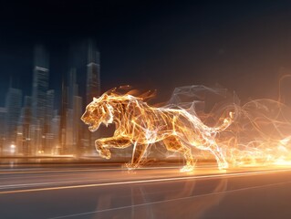 Abstract tiger running city night