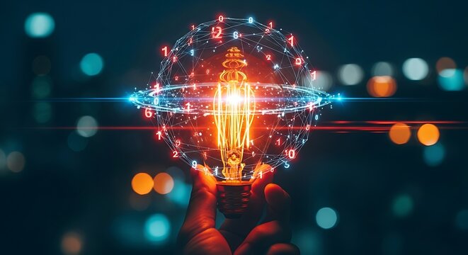 Innovative Idea Bulb with Swirling Data Network and Abstract Cityscape Background - Powered by Adobe
