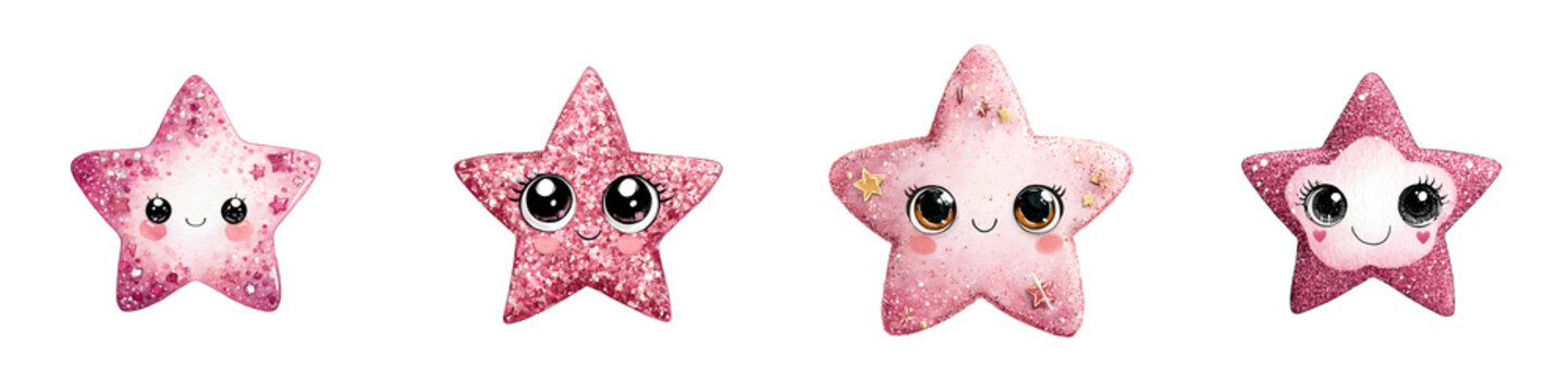 Cute Watercolor Star Characters Isolated on White