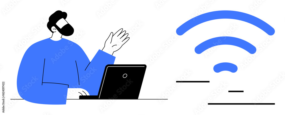 Poster man waving while using laptop with large blue wireless waves in background. ideal for technology, re