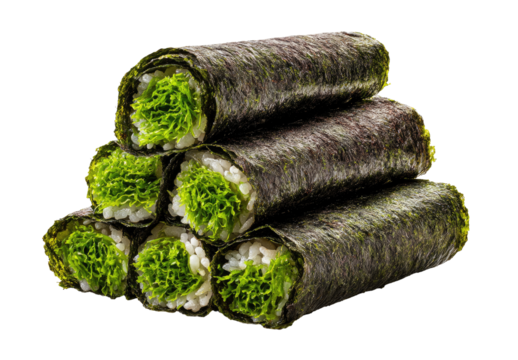 Stack of seaweed rolls, filled with rice and green topping